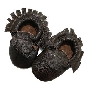 New Glossy Brown Leather Fringe Moccasins